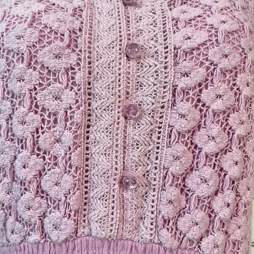 Crochet Tiered Maxi Dress Womens L Pink Purple Cottage Boho Romantic Cotton - Picture 9 of 15